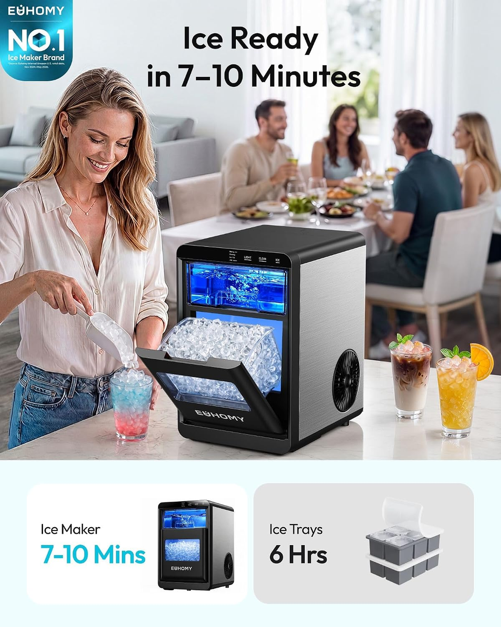 Countertop Nugget Ice Maker | 40Lbs/Day Pebble Sonic Ice Machine, Self-Cleaning Design, Includes Ice Scoop & Basket for Home Kitchen