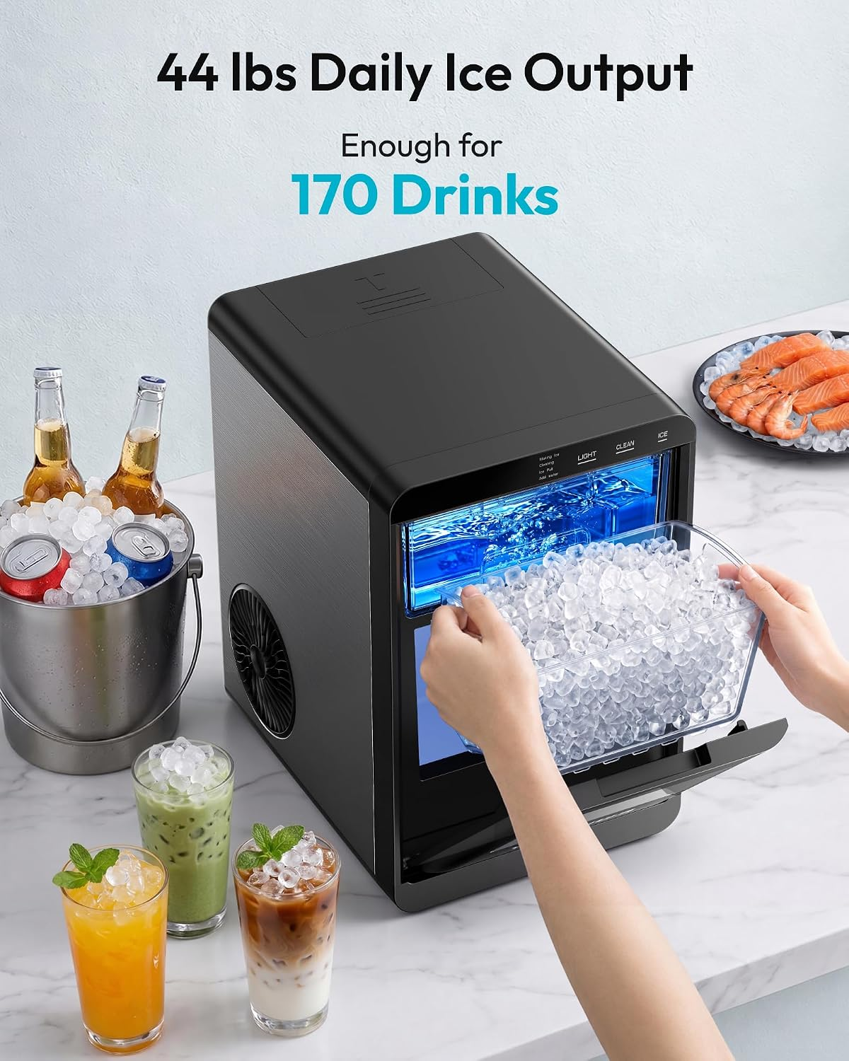 Countertop Nugget Ice Maker | 40Lbs/Day Pebble Sonic Ice Machine, Self-Cleaning Design, Includes Ice Scoop & Basket for Home Kitchen