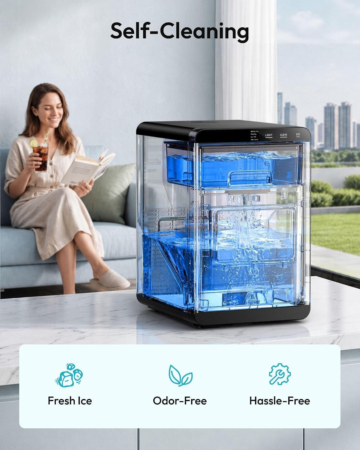 Countertop Nugget Ice Maker | 40Lbs/Day Pebble Sonic Ice Machine, Self-Cleaning Design, Includes Ice Scoop & Basket for Home Kitchen